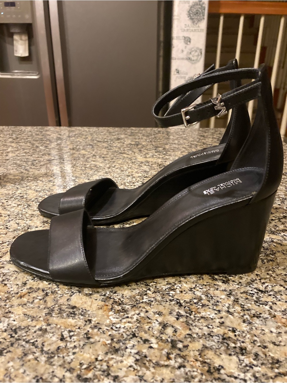 Michael Kors Fiona Black Leather Wedge Sandals Size 10 NWOT MSRP $145